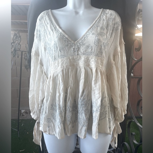 American Eagle Outfitters Blue Embroidered Lace Lightweight Boho Tunic Blouse MD - Picture 16 of 16